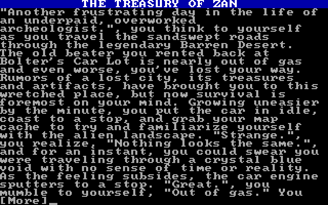 Treasury of Zan, The IBM PC/Compatibles Screenshot: Title screen and game introduction.