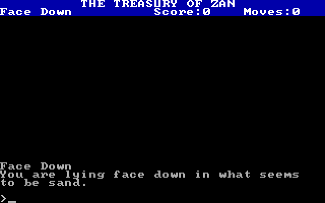 Treasury of Zan, The IBM PC/Compatibles Screenshot: The game starts with you lying face down in the sand.