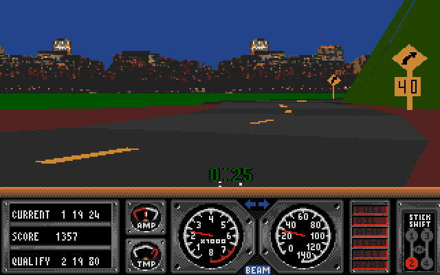 Race Drivin' Amiga Screenshot: Some sharp turns ahead.