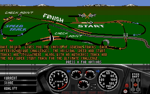 Race Drivin' Amiga Screenshot: Game start; Learn about the tracks included.