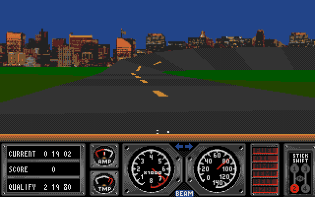Race Drivin' Amiga Screenshot: Game start; sharp turn ahead!