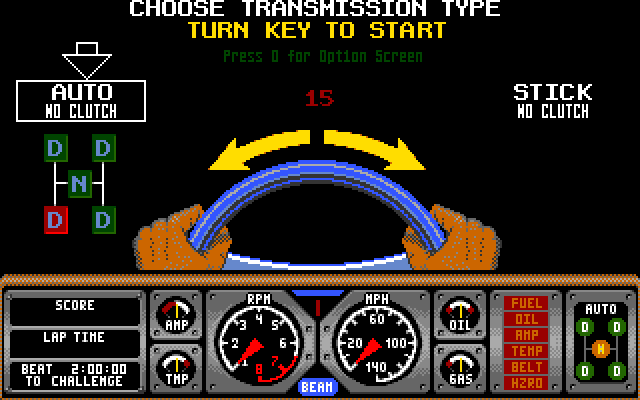 Hard Drivin' Amiga Screenshot: Choose transmission type to start the game!