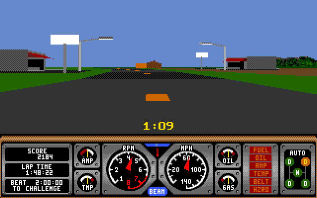 Hard Drivin' Amiga Screenshot: Driving past some buildings...