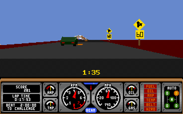 Hard Drivin' Amiga Screenshot: Driving up a hill...