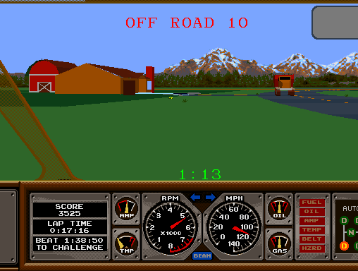 Hard Drivin' Arcade Screenshot: Oops, I went off the road again at this turn...don't hit the barn!