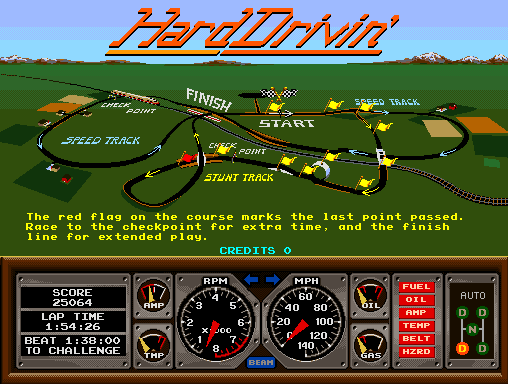 Hard Drivin' Arcade Screenshot: Flags mark how far through the course you drove.