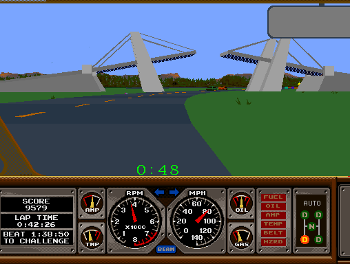 Hard Drivin' Arcade Screenshot: Driving under the drawbridge.