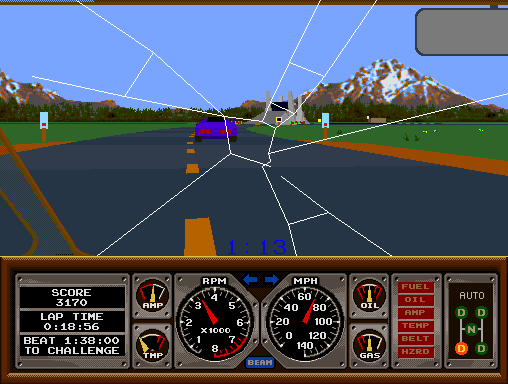 Hard Drivin' Arcade Screenshot: I jumped too far and crashed on landing...
