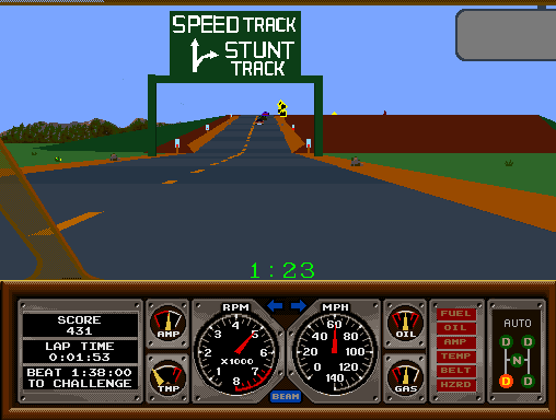 Hard Drivin' Arcade Screenshot: You can drive through a speed track or a stunt track.
