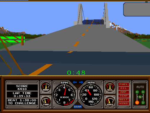 Hard Drivin' Arcade Screenshot: The first stunt is an open drawbridge.