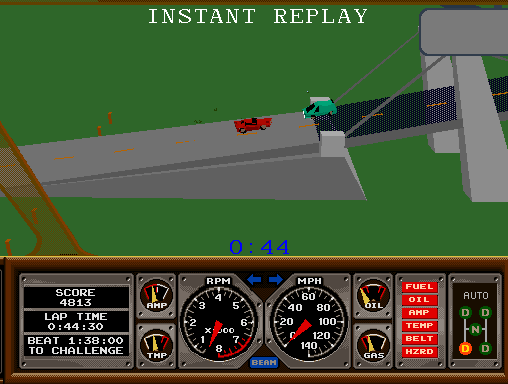 Hard Drivin' Arcade Screenshot: I crashed, here's an instant replay.