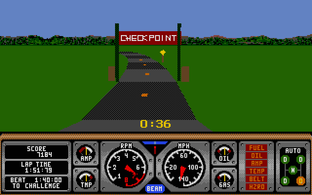 Hard Drivin' II: Drive Harder Atari ST Screenshot: Passing the checkpoint earns more time...
