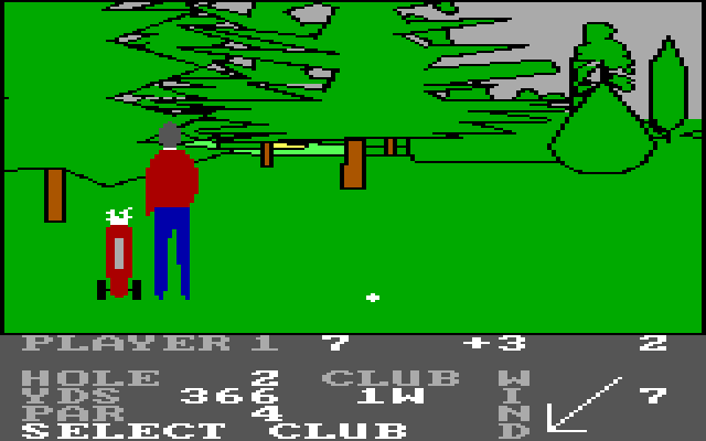 Pro Golf IBM PC/Compatibles Screenshot: My last shot wasn't that great and now I'm stuck behind a tree...