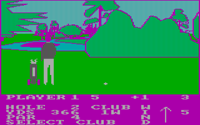 Pro Golf IBM PC/Compatibles Screenshot: My last shot was pretty poor, now I'm stuck behind some bushes.