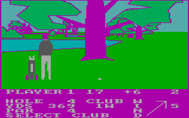 Pro Golf IBM PC/Compatibles Screenshot: Now what should I do about this big tree in the way?