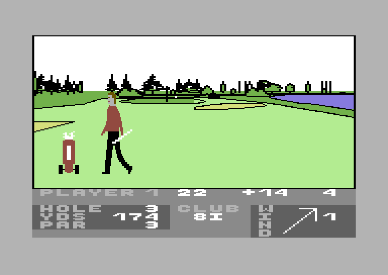 Pro Golf Commodore 64 Screenshot: The game features animations of your golfer walking to and from the ball.