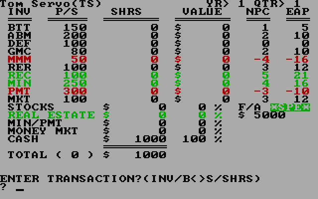 Wall Street IBM PC/Compatibles Screenshot: Enter a transaction...