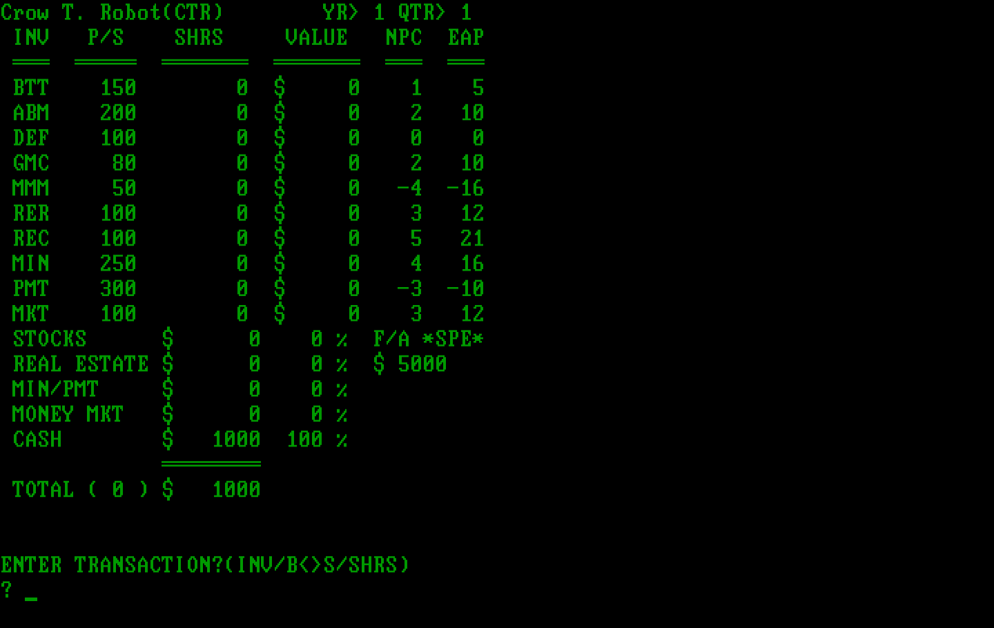 Wall Street IBM PC/Compatibles Screenshot: Enter a transaction...
