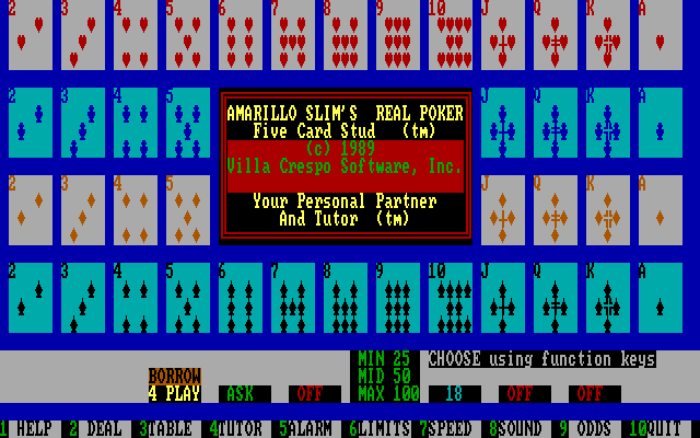 Amarillo Slim's Real Poker: 5 Card Stud IBM PC/Compatibles Screenshot: The main game menu.