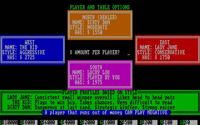 Amarillo Slim's Real Poker: 5 Card Stud IBM PC/Compatibles Screenshot: Setting up the stakes...