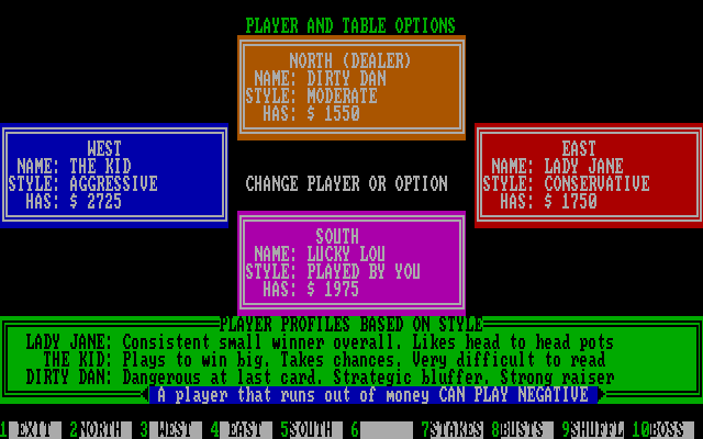 Amarillo Slim's Real Poker: 5 Card Stud IBM PC/Compatibles Screenshot: Setting up the player and table options.