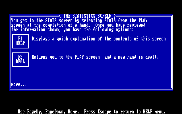Amarillo Slim's Real Poker: 5 Card Stud IBM PC/Compatibles Screenshot: Statistics help screen.