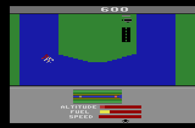 River Raid II Atari 2600 Screenshot: Entering the river, and I collided with an enemy plane.