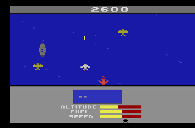 River Raid II Atari 2600 Screenshot: Fighting numerous enemy planes...