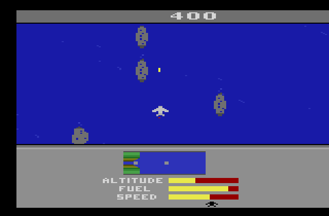 River Raid II Atari 2600 Screenshot: Back over the ocean with more obstacles...