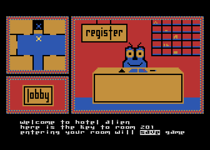 Hotel Alien Atari 8-bit Screenshot: Starting the game at the front desk.