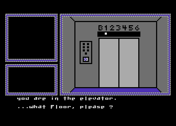 Hotel Alien Atari 8-bit Screenshot: Use the elevator to move between floors.
