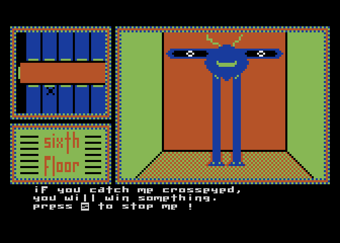 Hotel Alien Atari 8-bit Screenshot: Catch the alien crosseyed to win a prize!