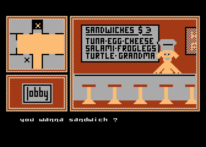 Hotel Alien Atari 8-bit Screenshot: Visiting the cafeteria.
