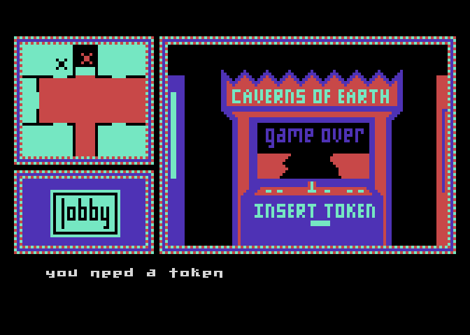 Hotel Alien Atari 8-bit Screenshot: I need a token in order to play games in the arcade.