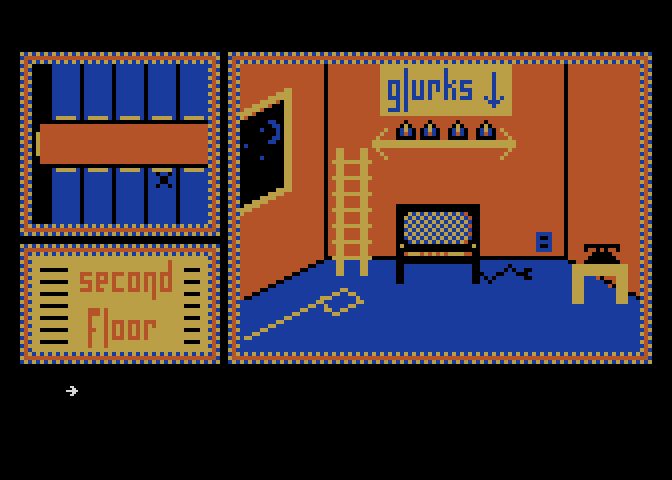 Hotel Alien Atari 8-bit Screenshot: Hmm, there are some glurks here...whatever those are.