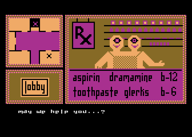 Hotel Alien Atari 8-bit Screenshot: Need any aspirin?
