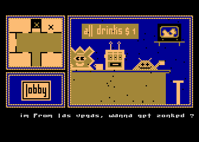 Hotel Alien Atari 8-bit Screenshot: Have some drinks at the bar.