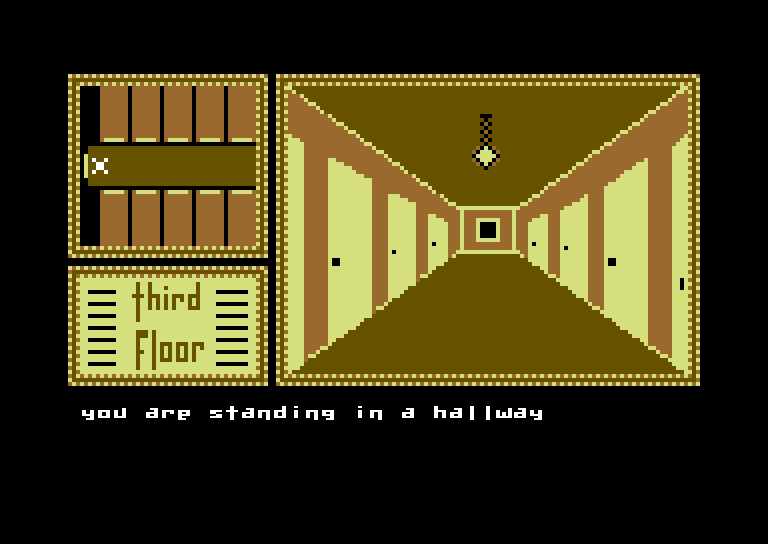Hotel Alien Commodore 64 Screenshot: In a long hallway on the third floor.