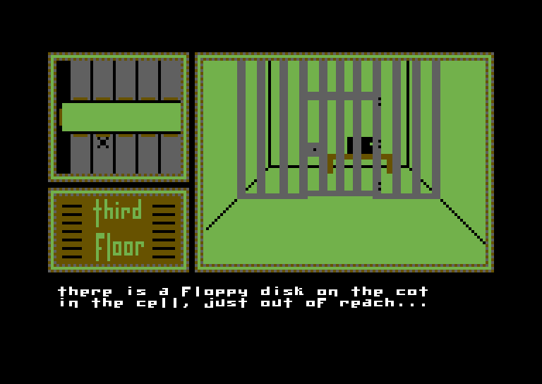Hotel Alien Commodore 64 Screenshot: I found a floppy disk, but it's out of reach.