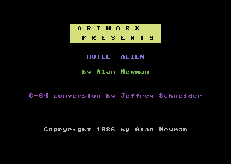 Hotel Alien Commodore 64 Screenshot: Title screen.