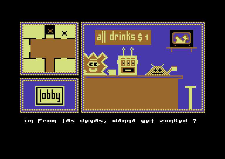 Hotel Alien Commodore 64 Screenshot: Have a drink at the bar.