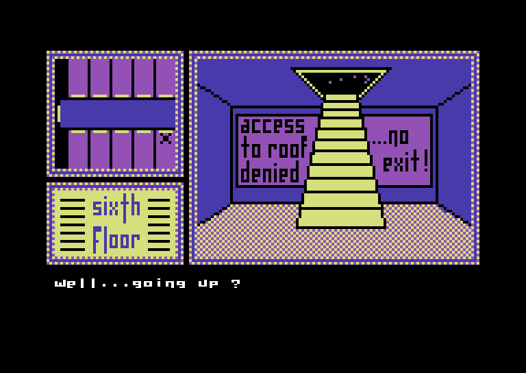 Hotel Alien Commodore 64 Screenshot: Go up to the roof?