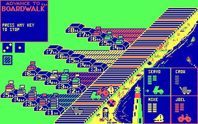 Advance to Boardwalk IBM PC/Compatibles Screenshot: Rolling the dice...press a key to stop!