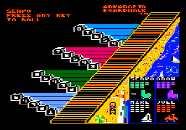 Advance to Boardwalk Apple II Screenshot: Game start; press a key to roll the dice...