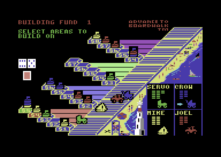 Advance to Boardwalk Commodore 64 Screenshot: Human player chooses where to build...