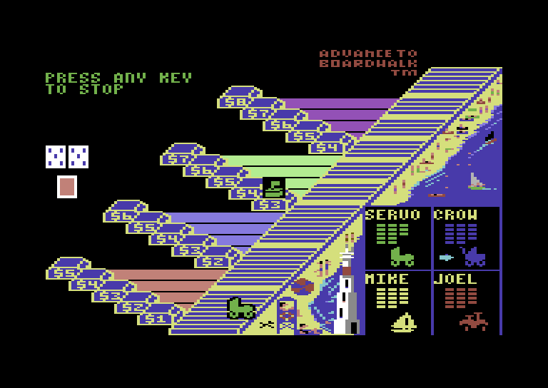 Advance to Boardwalk Commodore 64 Screenshot: Rolling dice, press a key to stop...