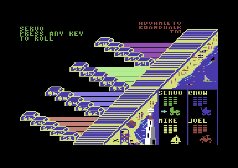Advance to Boardwalk Commodore 64 Screenshot: Game start; press any key to roll the dice...