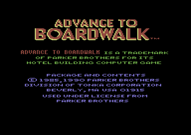 Advance to Boardwalk Commodore 64 Screenshot: Copyright information.