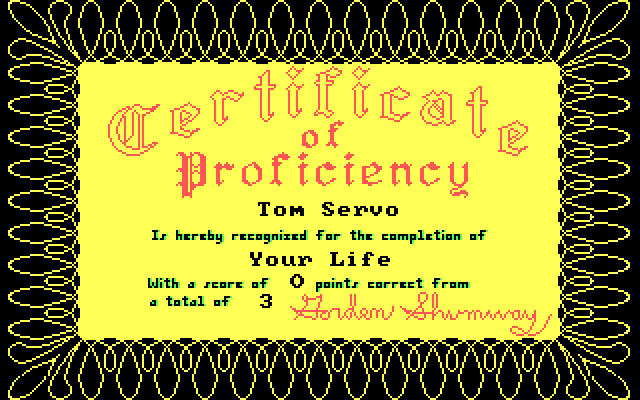ALF's U.S. Geography IBM PC/Compatibles Screenshot: My certificate! Though I haven't accomplished much yet...