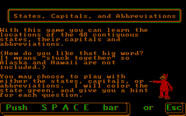 ALF's U.S. Geography IBM PC/Compatibles Screenshot: Instructions for the states game...